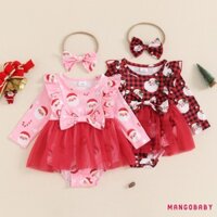 Mg-baby Girl Giáng Sinh Áo Liền Quần Đầm Ông Già Noel In Hình Dài Tay Cổ Tròn Áo Liền Quần Chắp Vá Có Nơ Băng Đô