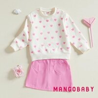 Mg-toddler Girl Trang phục ngày lễ tình nhân Áo dài tay in hình trái tim với váy chữ A màu trơn Bộ 2 chiếc