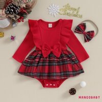 Mgg-baby Girls 2 Bộ Trang Phục Giáng Sinh Tay Dài Nơ Phía Trước Kẻ Sọc Romper Có Băng Đô Bộ Quần Áo Sơ Sinh
