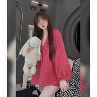 MH97 - sét babydoll carro, áo tay dài đính nơ form to, kèm quần đùi bí