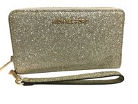 Michael Kors Jet Set Travel Large Flat Zip MF Phone Case Glitter Giftable Leather Wristlet Wallet (Pale Gold)