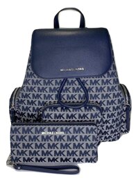 MICHAEL Michael Kors Abbey Large Cargo Backpack bundled with Michael Kors Jet Set Travel Large Continental Wallet/Wristlet (Signature MK Navy Jacqu...