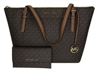 MICHAEL Michael Kors Ciara Large East West TZ Tote bundled with Michael Kors Jet Set Travel Large Trifold Wallet (Signature MK Brown/Acorn)