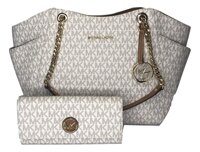 MICHAEL Michael Kors Jet Set Travel Large Chain Shoulder Tote bundled with Michael Kors Fulton Flap Continental Wallet (Signature MK Vanilla/Acorn)