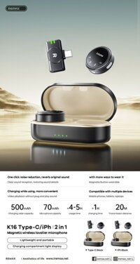 Micro thu âm không dây REMAX K16 IPHONE 2 micro kèm dock sạc 70mAh/500mAh chính hãng [BH 1 Năm]