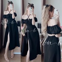 Midi đen nhún ngực hở/khoét/cut lưng, đầm váy dài xẻ đùi đơn giản dễ thương, thời trang đi chơi/biển du lịch dạo phố
