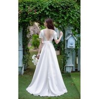 (miễn phí chỉnh váy) đầm dạ hội cưới tay ngắn váy xòe đuôi lê hở lưng cô dâu chụp ảnh cưới ngoại cảnh studio Hàn Quốc