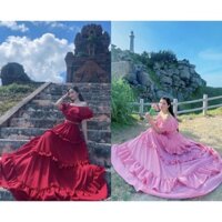 (miễn phí chỉnh váy) sét áo trễ vai và chân váy xòe màu đỏ đô hồng sen thiết kế đi du lịch chụp ảnh sống ảo