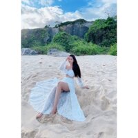 (miễn phí chỉnh váy) sét maxi ren trắng áo ống cúp ngực và chân váy xẻ tà đi biển du lịch chụp hình sống ảo