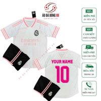 [Miễn Phí in Tên Số] Bộ quần áo đá banh Real Trắng Sọc Hồng - Logo Thêu - Mè Thái - AoBongDa.88