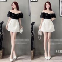 (MIỄN PHÍ SHIP 2022)Set tiểu thư trễ vai màu đen,chân váy nữ màu trắng chữ A,set váynữ trễ vai viên bèo màu đen sangchah
