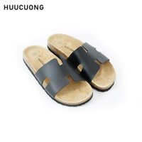 [Miễn Phí Ship]  Dép Huucuong chữ H da PU đen đế trấu [SP2214]