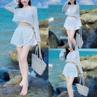 [Miễn Phí Ship] Set bộ đùi 3 món bara có mút len ren áo tay dài hở eo kiểu dáng sexy quyến rũ xinh xắn đi biển dịp hè 💃
