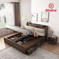 Miễn phí vận chuyển &amp; lắp đặt Giường ngủ thông minh cao cấp bọc nệm đầu giường gỗ công nghiệp Nâu Walnur Ohaha - GN010 - 1m8x2m