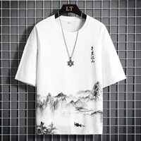 [Miễn phí vận chuyển] Bán Buôn Áo thun cotton Lạc Đà Huagang nam tay ngắn mùa hè phong cách Trung Quốc Vẽ mực buộc Màu áo cổ tròn Nửa tay năm điểm