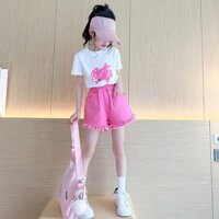 [Miễn phí vận chuyển] Bán buôn quần áo trẻ em thời trang mới mùa hè cho bé gái, quần short denim mùa hè, áo thun ngắn tay, bộ đồ trẻ em