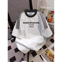 [Miễn phí vận chuyển] Bán buôn áo thun trắng ngắn tay retro Mỹ cho phụ nữ, thiết kế mùa hè, áo đôi ba sọc rộng rãi