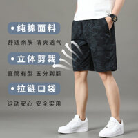 [Miễn phí vận chuyển] Bán buôn quần short cotton đen in hình thương hiệu thời trang nam, quần dài vừa mùa hè, phong cách thoải mái, túi khóa kéo, dáng rộng, quần short năm điểm