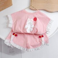 [Miễn phí vận chuyển] Bộ đồ trẻ em bán buôn tay ngắn và quần short, áo khoác thỏ dễ thương, áo thun ren mùa hè cho bé gái