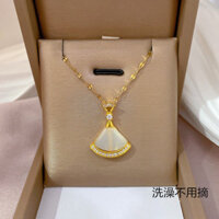 [Miễn phí vận chuyển] [Không phai màu, không gây dị ứng] Dây chuyền đầm đá mắt mèo màu trắng ngọc trai hình quạt bằng thép titan giữ màu