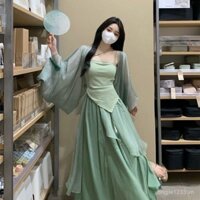 [Miễn phí vận chuyển] [Spot] Quần áo phụ nữ Trung Quốc mới Trung Quốc phong cách Trung Quốc cách tân Hán phục yếu tố Trung Quốc hàng ngày thân hình nhỏ màu xanh lá cây váy ba mảnh phụ nữ