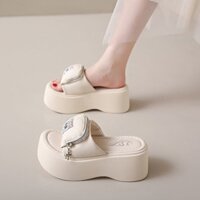 [Miễn phí vận chuyển tại chỗ] Dép lê quai hậu độn đế dày có thiết kế khóa kéo Dép lê đế mềm Bánh xốp cao gót 8cm mẫu mới mùa hè cho nữ
