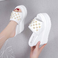 Miệng Cá Nữ Nêm Dép 12cm Giày Cao Gót Thời Trang Ngọc Trai Lật Flop Thường Không Trơn Trượt