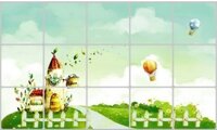 Miếng dán bếp chống dầu mỡ màu trắng xanh khổ 50cm x 70cm họa tiết ngồi nhà cổ tích và khí cầu