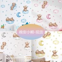 Miếng dán trang trí tường phòng ngủ trẻ em hình gấu hoạt hình, đám mây, mặt trăng, đám mây