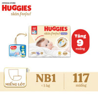 Miếng lót sơ sinh Huggies Skin Perfect NB1 108+9 miếng với 2 vùng thấm giảm kích ứng da