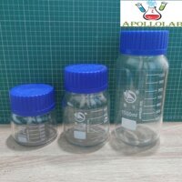 (Miệng siêu rộng) Chai thủy tinh lùn, miệng rộng nắp vặn xanh GL80 (7.5cm) đựng mẫu, chất lỏng hóa chất