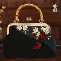 Miệng tre Túi Vàng Sườn Xám Túi Phong Cách Retro Trung Quốc Tay Cầm Tre Túi Xách Nhung Thổ Cẩm Handmade Nhẹ Túi Nhỏ / 8.1