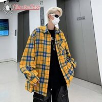 Migratelmate Áo khoác nam Mỹ Rascal Đẹp trai Hợp thời trang Áo sơ mi ca rô màu vàng