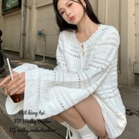 Milky Order Áo len trắng dài tay xoè form rộng Hàn Quốc đi biển hot trend taobao ulzzang