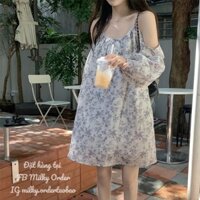 Milky Order Đầm voan babydoll hai dây hoa nhí tím form rộng đi biển Hàn Quốc hot trend mùa hè bà bầu ulzzang