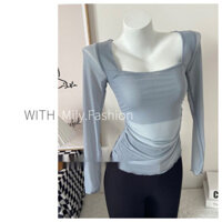 Milyfashion Áo Tay Dài Cổ Vuông Dáng Ôm Xếp Ly Xếp Ly Nhẹ Nhàng Nhìn Thấy Dành Cho Bạn Nữ Mặc Khi Nhảy Múa