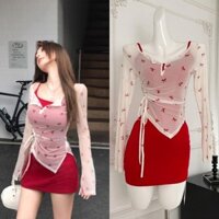 Milyfashion   Suit Summer New Suit Slimming Long Sleeve Spaghetti-Strap Dress Sun Protective Blouse Hot GirlTT-shirtins