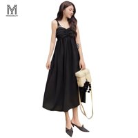 Mimosa 2020 Đầm Nữ Hàn Quốc Dây Đeo Retro Ống Top Váy Dài Vừa Phải Váy Cao Eo Hoang Dã Màu Rắn Đầm Xòe Lớn BB