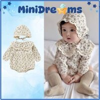 MiniDreams Bodysuit áo liền quần Bodychip vải xô muslin hoạ tiết hoa nhí kèm mũ phong cách vintage cho bé gái