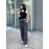 MINISIZE - BIGSIZE (Q002 S-M-L) Set Áo Croptop Ba Lỗ Đen - Trắng Kem, Quần Ống Suông Xám Co Giãn.