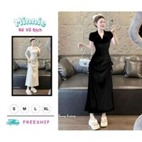 🍀MINNIE🍀 🛍Đầm Váy Nữ🛍 Đầm maxi thời trang nữ chất thun gân tay ngắn cổ sơ mi 2 bên dây rút eo váy đuôi cá dài thiết