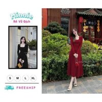 🍀MINNIE🍀 🛍Đầm Váy Nữ🛍 Đầm thời trang nữ mặc đi chơi chất thun gân lạnh cổ vuông hở vai tay dài ôm eo váy suông maxi