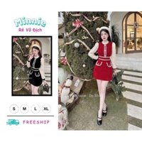 🍀MINNIE🍀 🛍Đầm váy nữ 🛍Đầm nhung voan tay dài cổ ren dáng ngắn siu hack chân,Váy đỏ tiểu thư đi chơi đi tiệc sang xịn