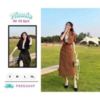 🍀MINNIE🍀 🛍Đầm váy nữ 🛍Set bộ vest 3 món tay ngắn mix áo trong kèm chân váy dáng dài xẻ tà cá tính,chất liệu kaki đứn