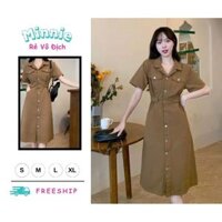 🍀MINNIE🍀 🛍Đầm váy nữ 🛍Váy tiểu thư cổ điển vintage sang trọng,Đầm cổ sơ mi tay ngắn túi hộp,váy dáng midi tone màu n