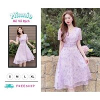 🍀MINNIE🍀 🛍Đầm váy nữ 🛍Váy tím cổ V tay ngắn tiểu thư,Váy màu tím nhún eo kết cườm dáng midi sang trọng,đi chơi đi ti