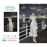 🍀MINNIE🍀 🛍Đầm váy nữ🛍Đầm maxi thời trang nữ chất lụa satin 2 dây cổ vuông đính nơ trên vai váy xẻ tà phong cách nữ t