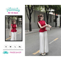 🍀MINNIE🍀 🛍Set bộ nữ 🛍Set đỏ hot douyin , Set bộ áo đỏ cài nút mix quần lụa ống rộng sang chảnh,Set bộ cao cấp đi chơ