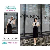 🍀MINNIE🍀 🛍Set Váy Nữ🛍 Sét váy thời trang nữ công sở áo chất lụa bèo đính nơ đen mix chân váy dài xẻ đùi umi