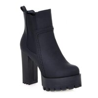 MIOKE Women's Platform High Heeled Ankle Booties Round Toe Chelsea Waterproof Elastic Martin Short Boots
